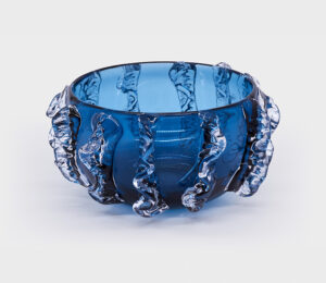 10″ Dia. – Glass Bowl Blue w/Clear Molten Design