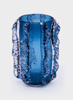 8.7″ H – Glass Vase Blue w/Clear Molten Design