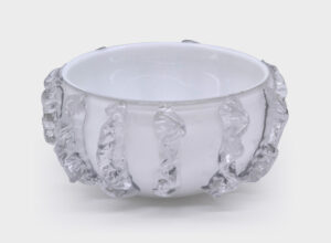 10″ Dia. – Glass Bowl White w/Clear Molten Design