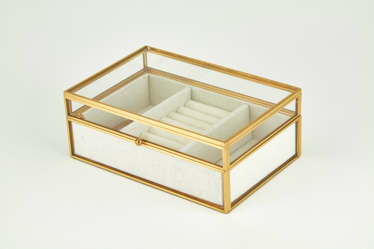 Brass Glass Jewelry Box Beige