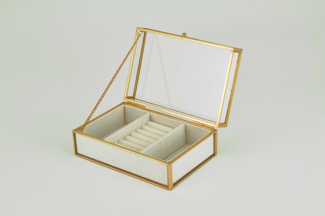 Brass Glass Jewelry Box Beige